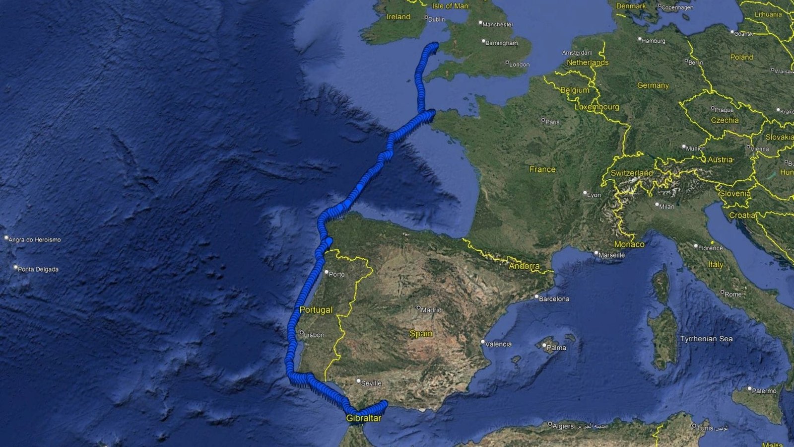 Norther Europe to the Mediterranean sailing route of Seven Seas, July 2024