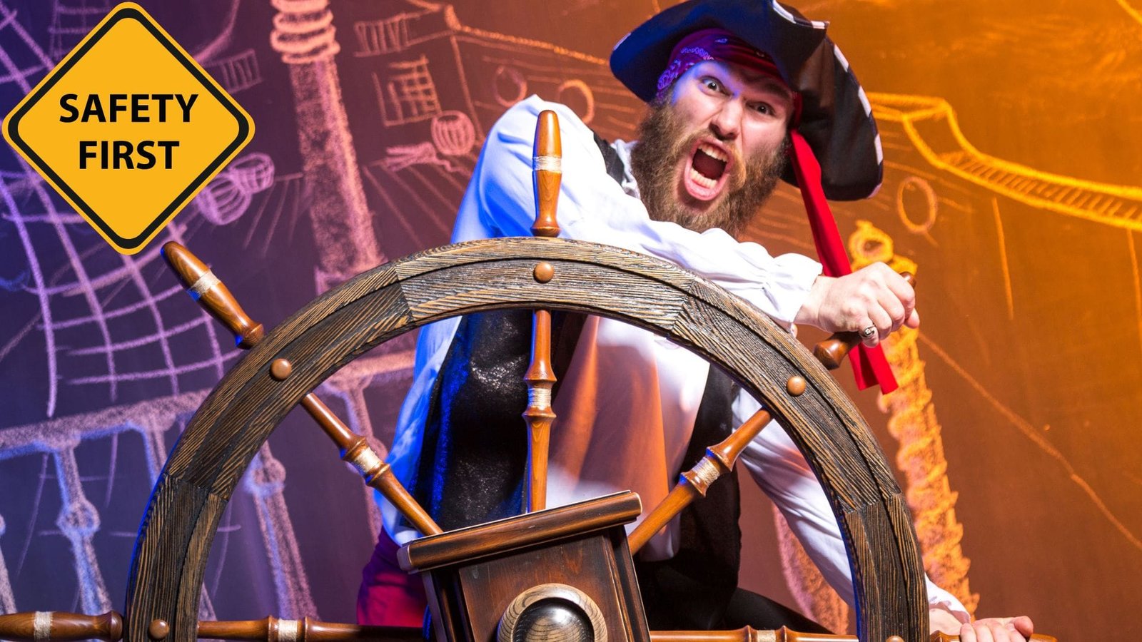 safety on board. Crazy captain steering a yacht