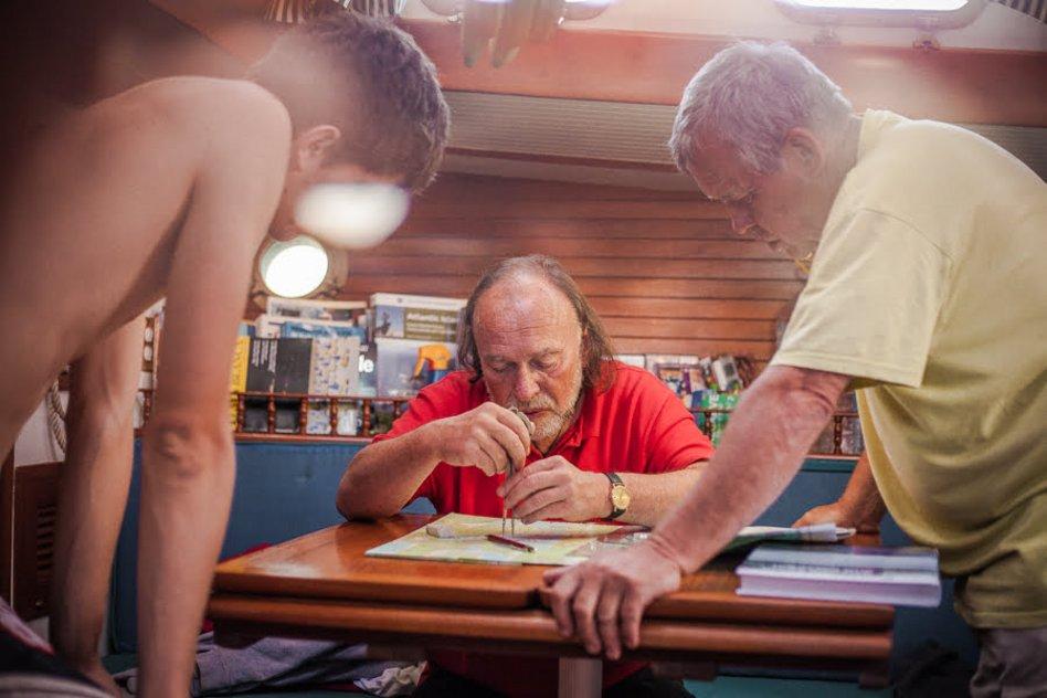 captains planning route in the yacht