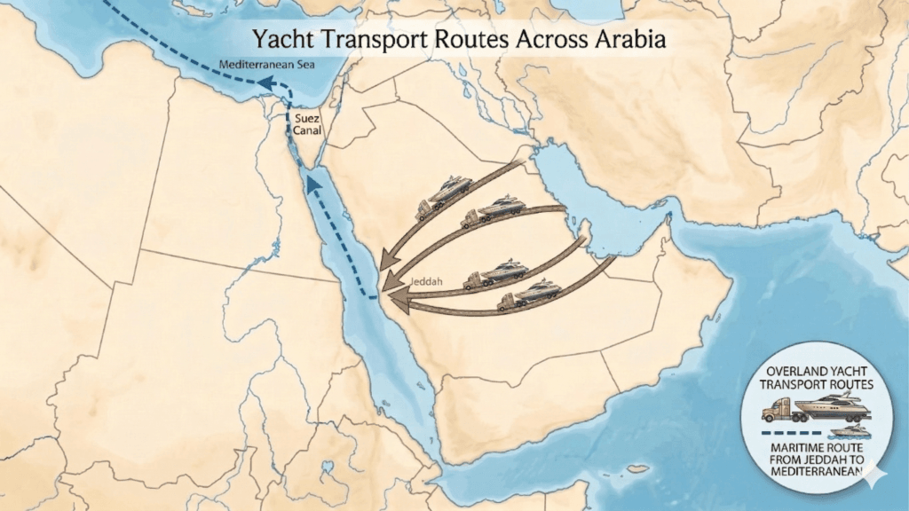 Yacht transport to Red Sea and Mediterranean Map of Middle East showing transport routes from Persian gulf to the Red Sea