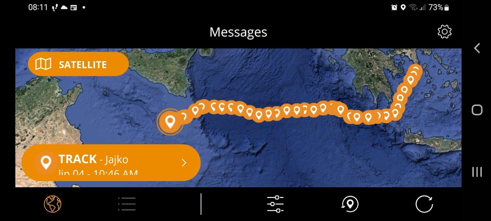 SPOT satellite tracker track of the Bali 4.2 delivery from Tunis to Corfu
