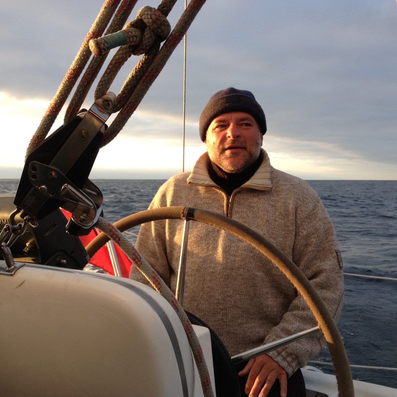 Skipper at the helm of the Bavaria 31 on the Atlantic leg to Portugal Skipper at the helm of the Bavaria 31 on the Atlantic leg to Portugal