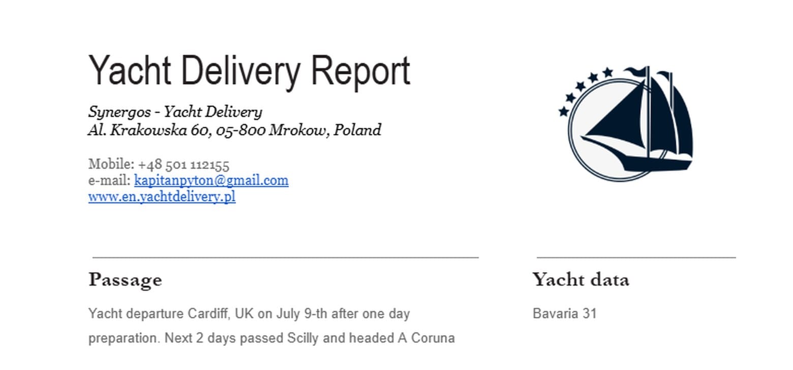 Bavaria 31 yacht delivery report, Cardiff to Palma de Mallorca First page of the written yacht delivery report for the Bavaria 31 delivered from Cardiff to Palma de Mallorca