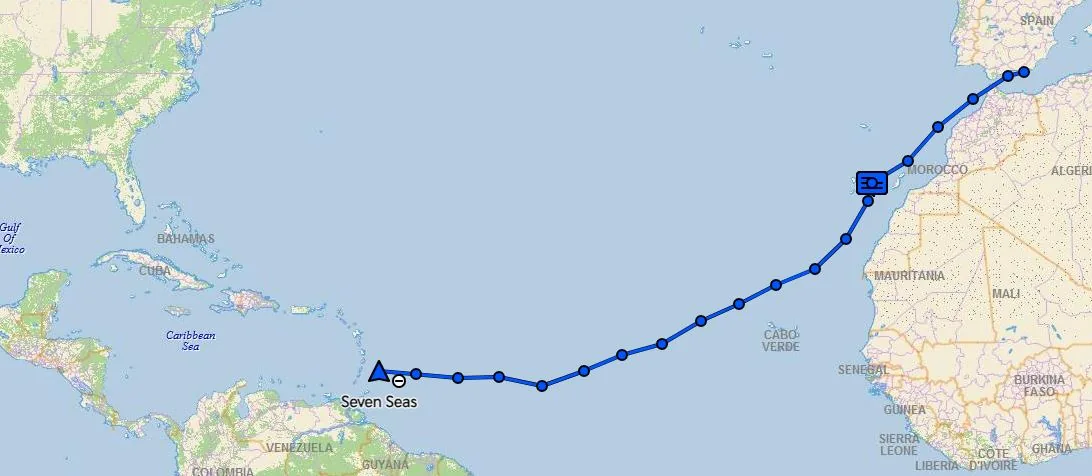 Garmin inReach track of the Beneteau 57 approaching the Caribbean Garmin inReach track of the Beneteau 57 approaching the Caribbean