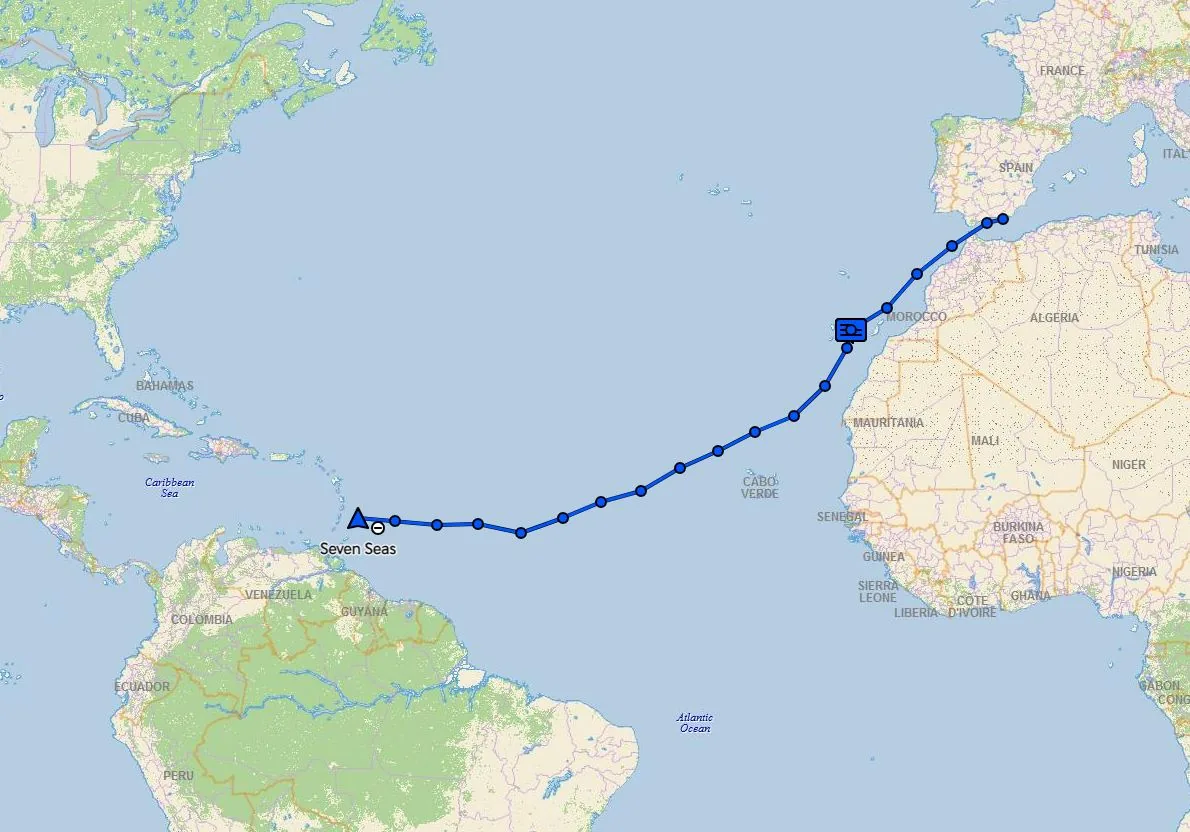 Garmin inReach track of a Beneteau 57 delivery from Almerimar to Barbados Garmin inReach track of a Beneteau 57 delivery from Almerimar to Barbados