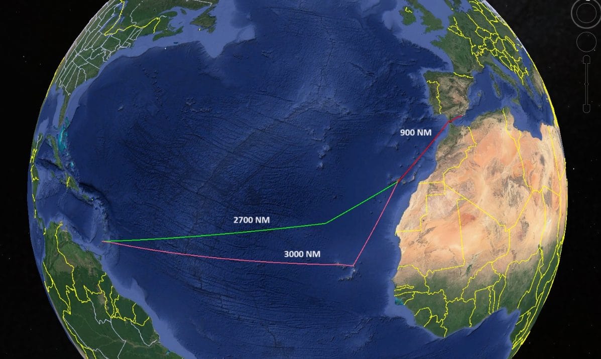 Route options for the Beneteau 57 delivery from Almerimar to the Caribbean: 900 NM to the Canaries, then about 2,700 NM direct or 3,000 NM via Cape Verde Route options for the Beneteau 57 delivery from Almerimar to the Caribbean: 900 NM to the Canaries, then about 2,700 NM direct or 3,000 NM via Cape Verde