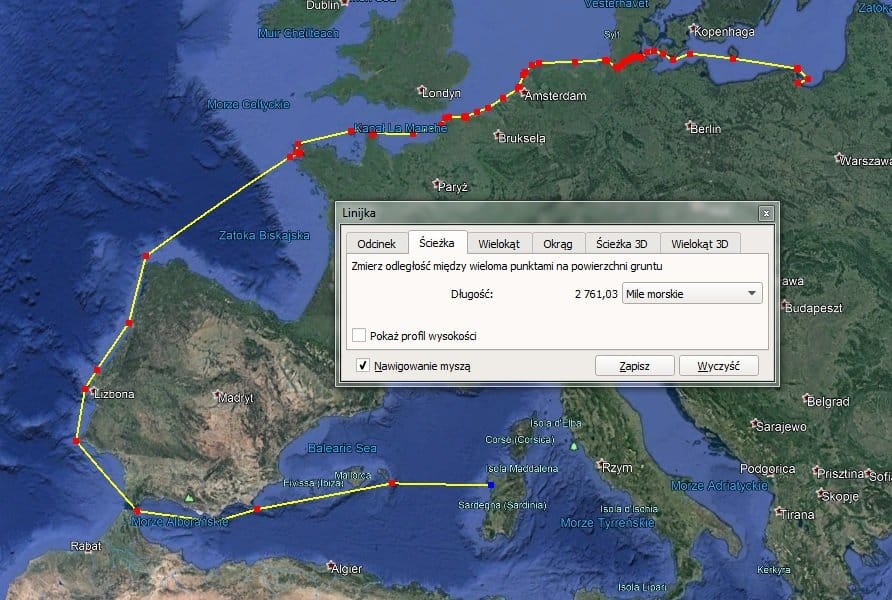 Google Earth track of the Hanse 575 delivery, 2,761 NM Google Earth track of the Hanse 575 delivery from Gdansk to Alghero, measured at 2,761 NM