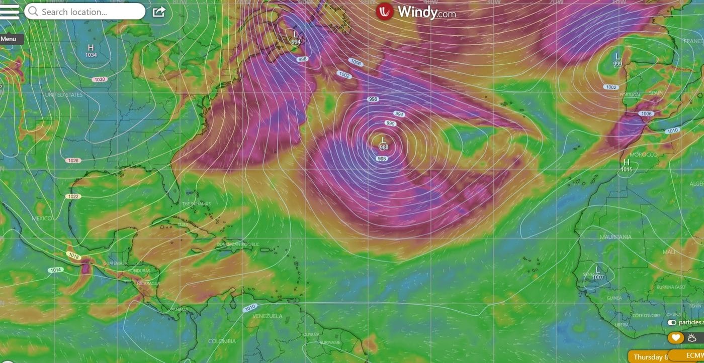 Wind forecast for the North Atlantic on 29 November, used for the Beneteau 57 crossing from Tenerife to the Caribbean Wind forecast for the North Atlantic on 29 November, used for the Beneteau 57 crossing from Tenerife to the Caribbean