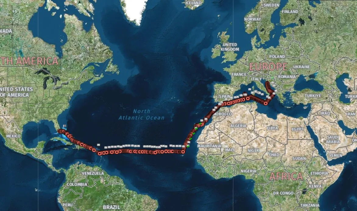 Satellite tracker map of a yacht delivery from the Mediterranean to Florida