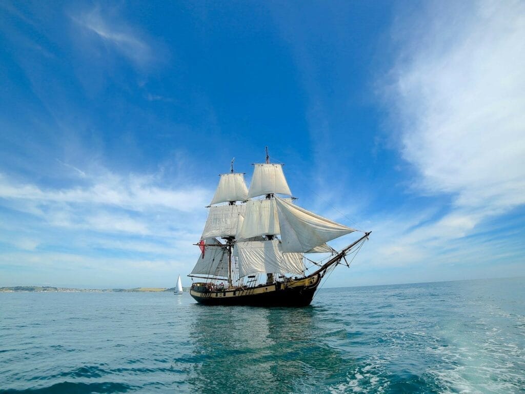 Tall ship Phoenix, two masted brig, starboard side during the delivery from Hartlepool to Derry