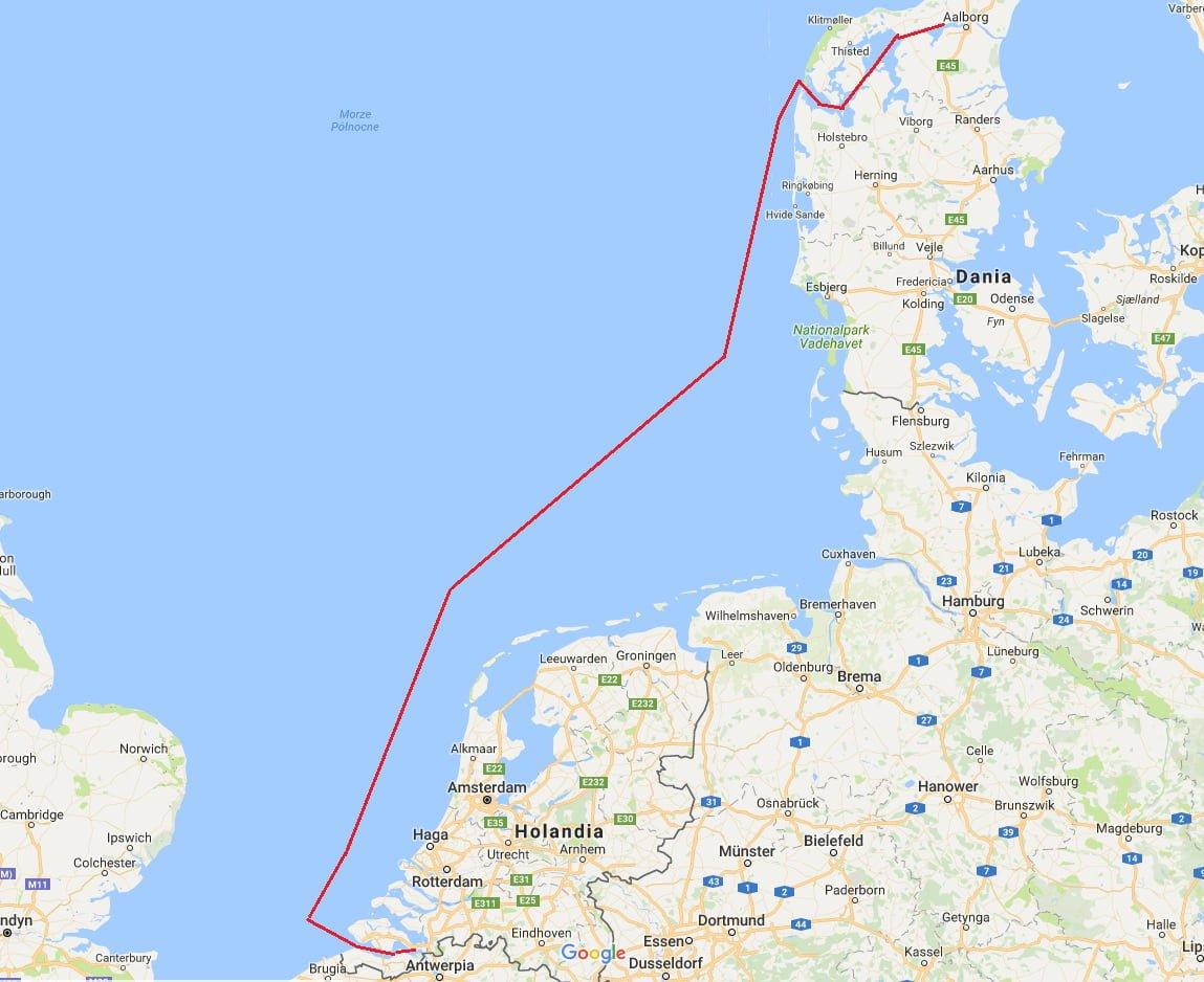 Route of the Tilikum delivery from Aalborg to Terneuzen