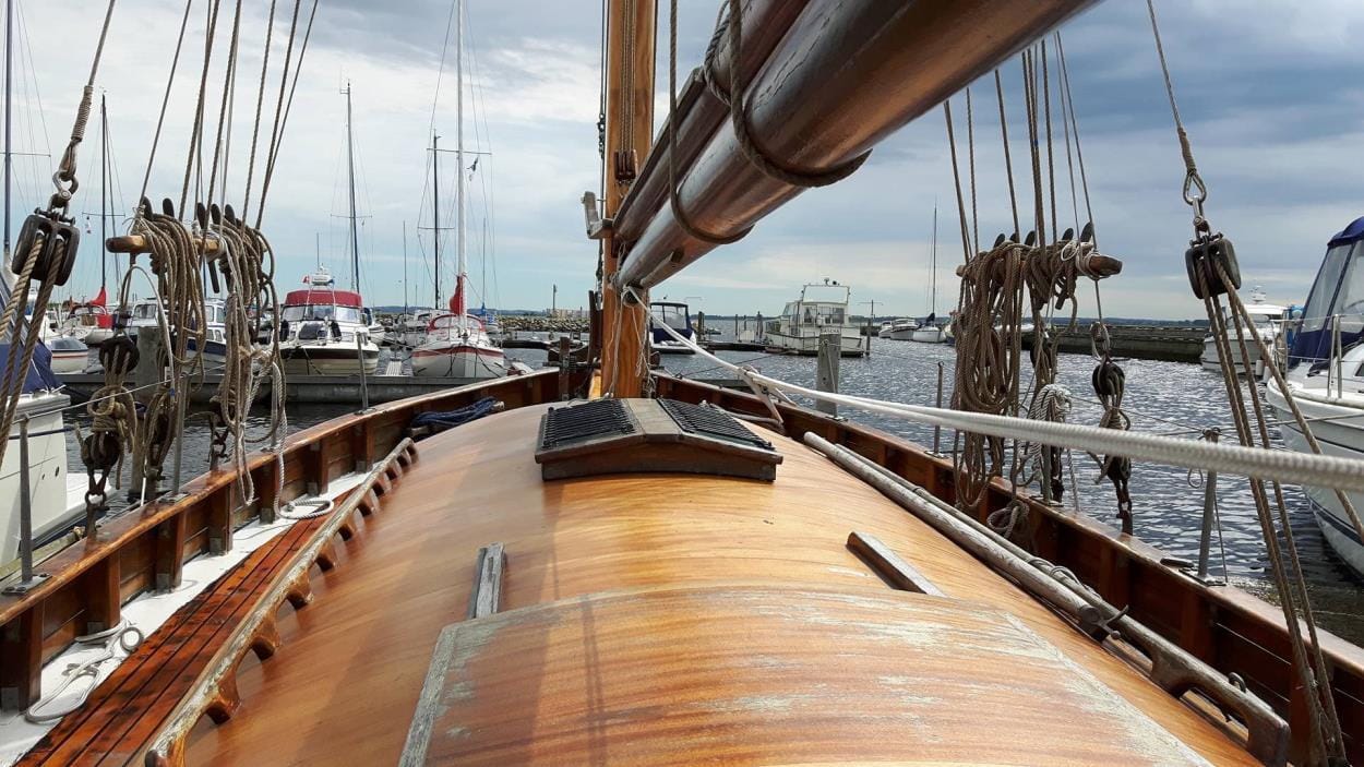 On deck of Tilikum, a 1924 wooden pilot cutter
