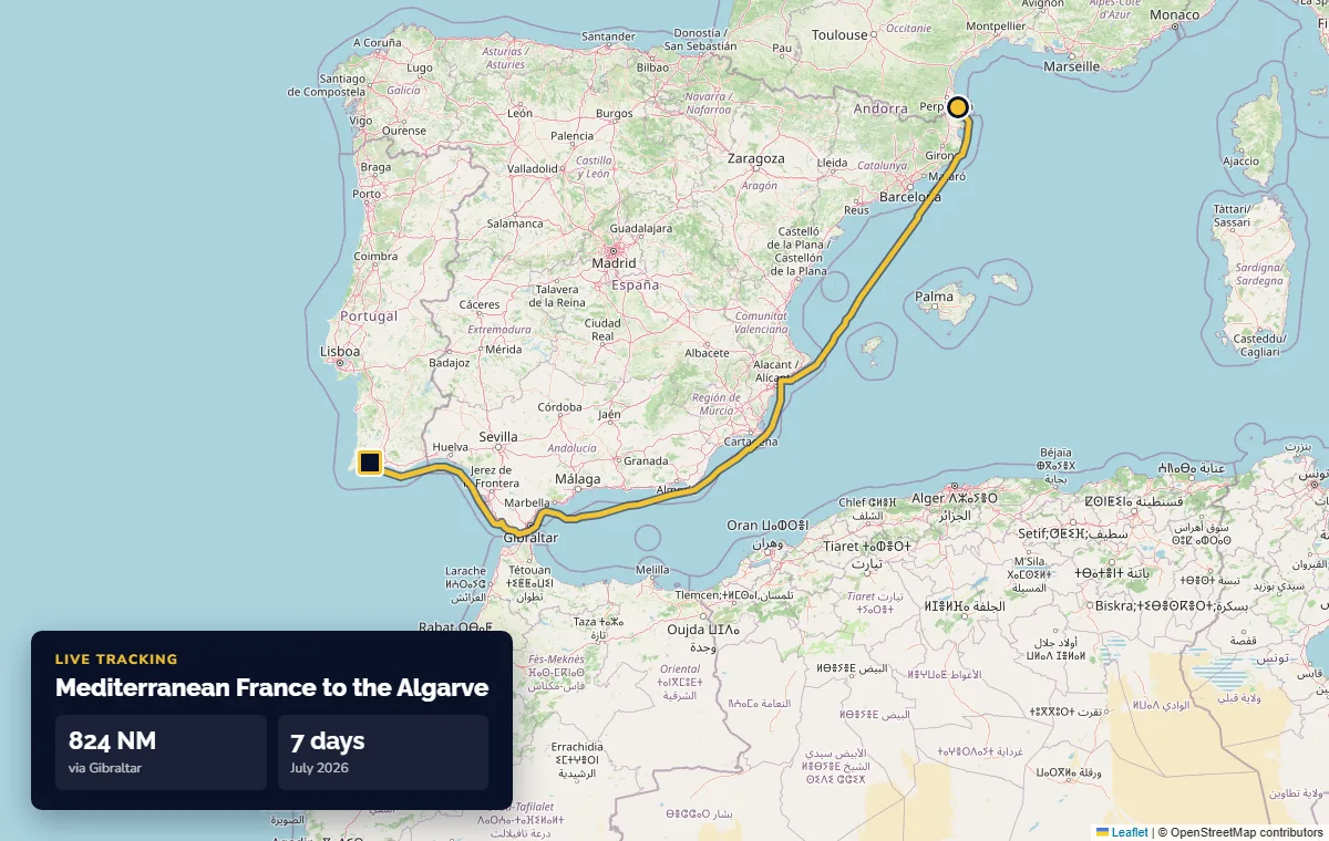 Tracking map of a yacht delivery from Mediterranean France to the Algarve