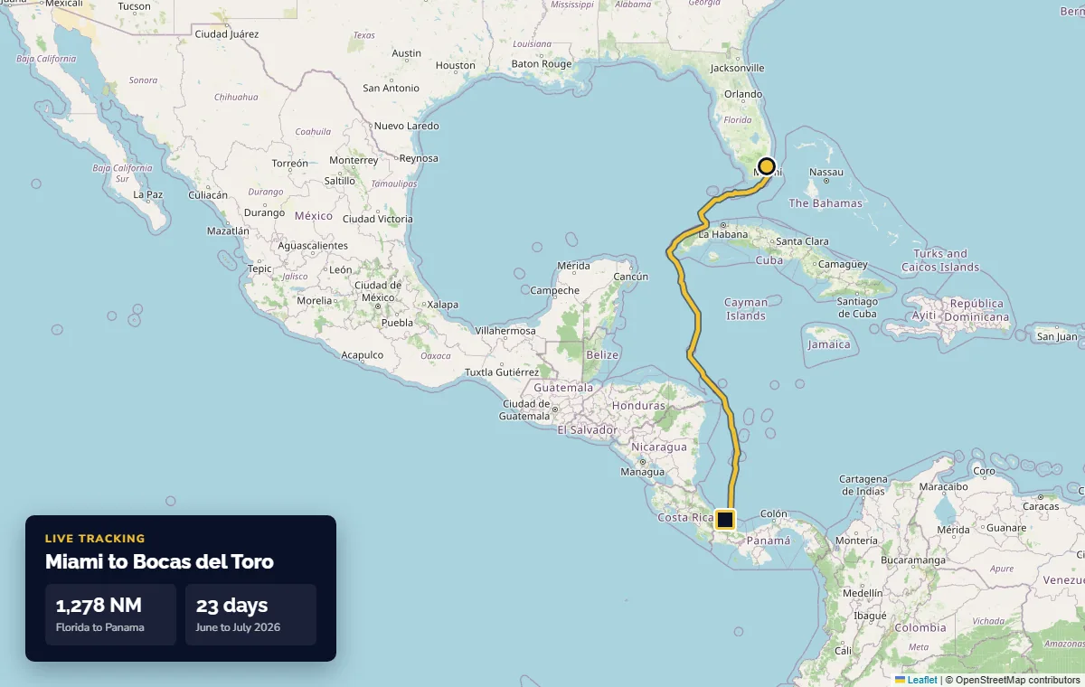 Tracking map of a yacht delivery from Miami to Bocas del Toro