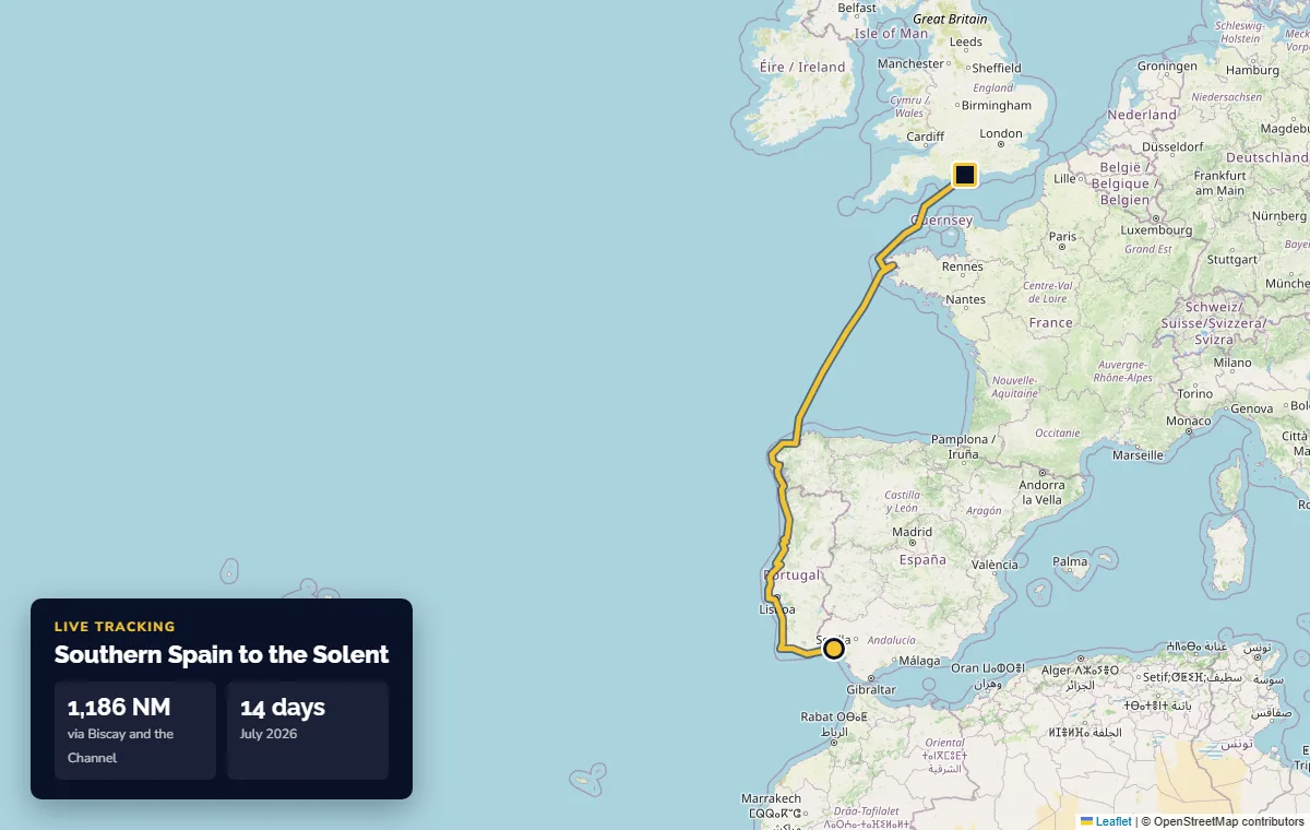 Tracking map of a yacht delivery from southern Spain to the Solent