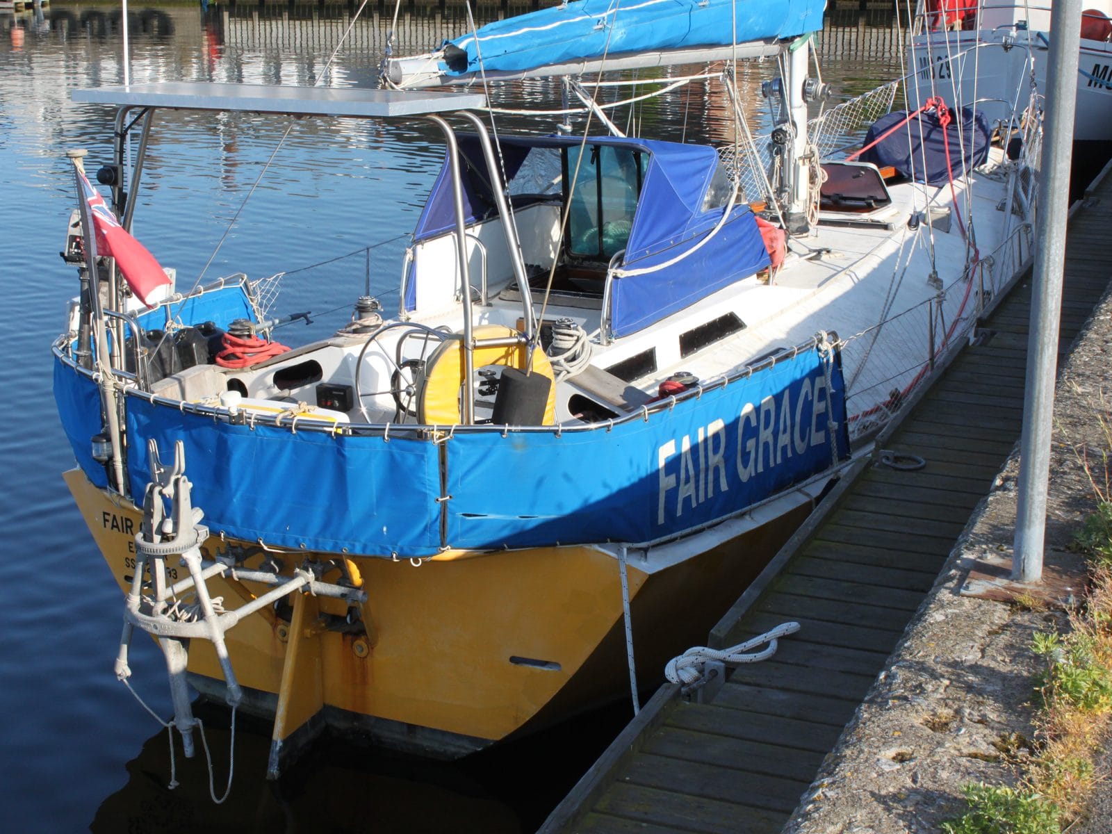 Stern of the yacht Fair Grace alongside before the delivery from Sweden to Turku