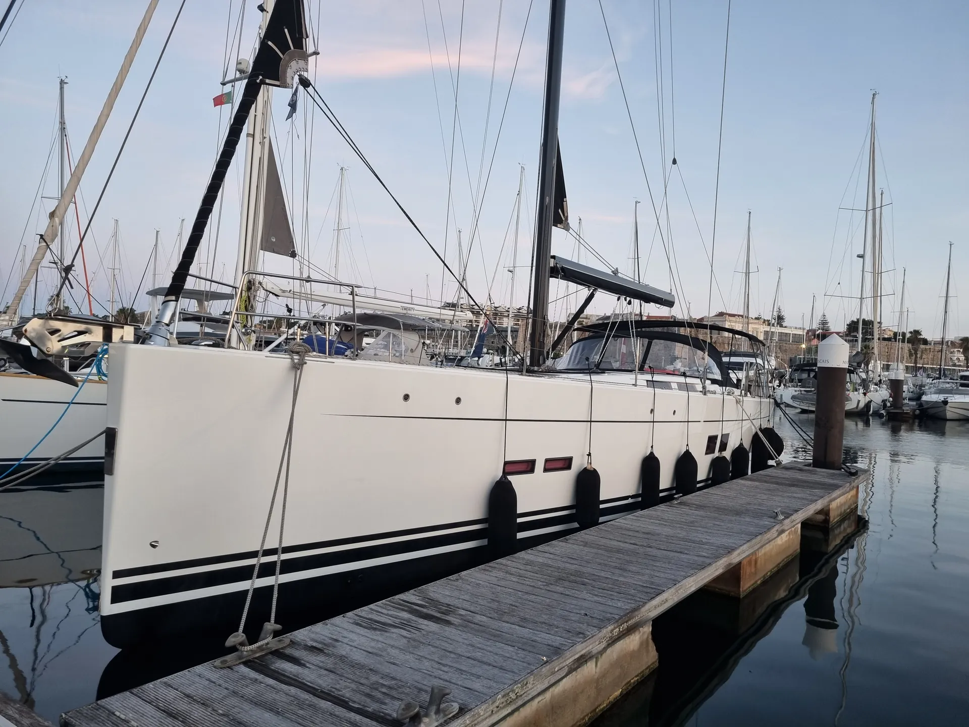 Hanse 575 moored in Cascais at dawn during the delivery from Turkey to Denmark