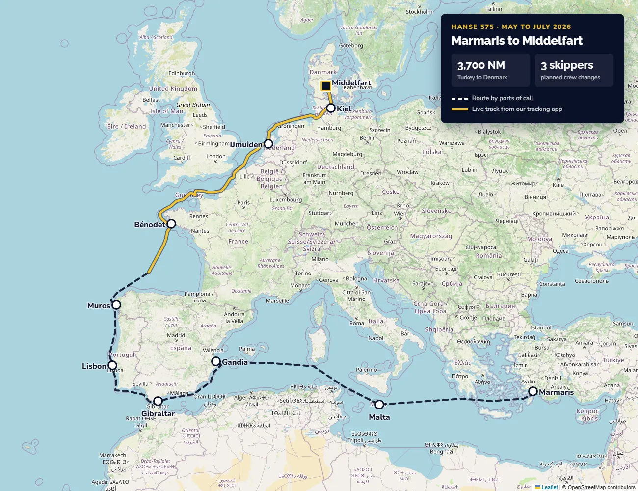 Route of the Hanse 575 delivery from Marmaris in Turkey to Middelfart in Denmark, about 3,700 NM Route of the Hanse 575 delivery from Marmaris in Turkey to Middelfart in Denmark, about 3,700 NM