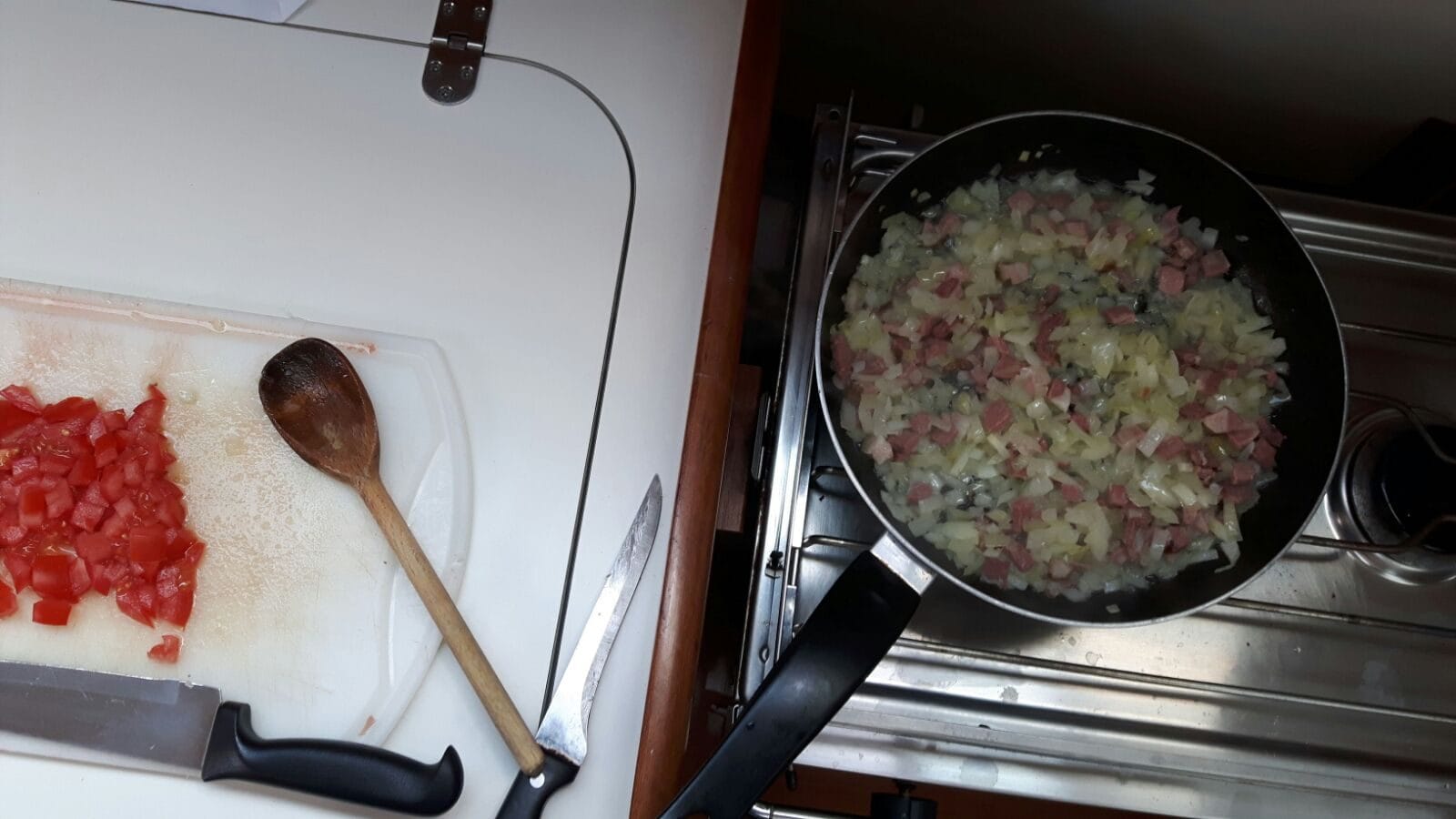 Cooking in the galley of the Oceanis 40 on the delivery passage down the Adriatic