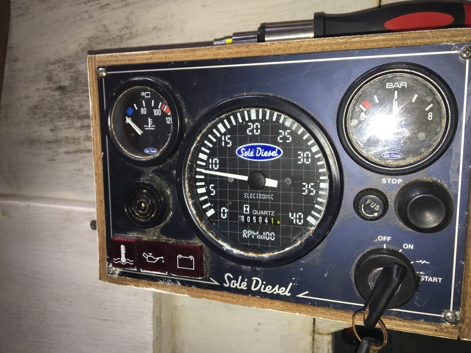 Engine panel of the pilot cutter Tilikum checked before the yacht delivery